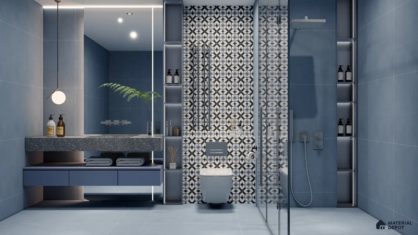 Modern Blue Bathroom with Moroccan Highlighter Tiles | Material Depot