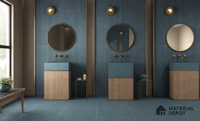 Modern Blue Fluted Wall Bathroom with Gold Accents and Wooden Vanity – Elegant & Contemporary | Material Depot