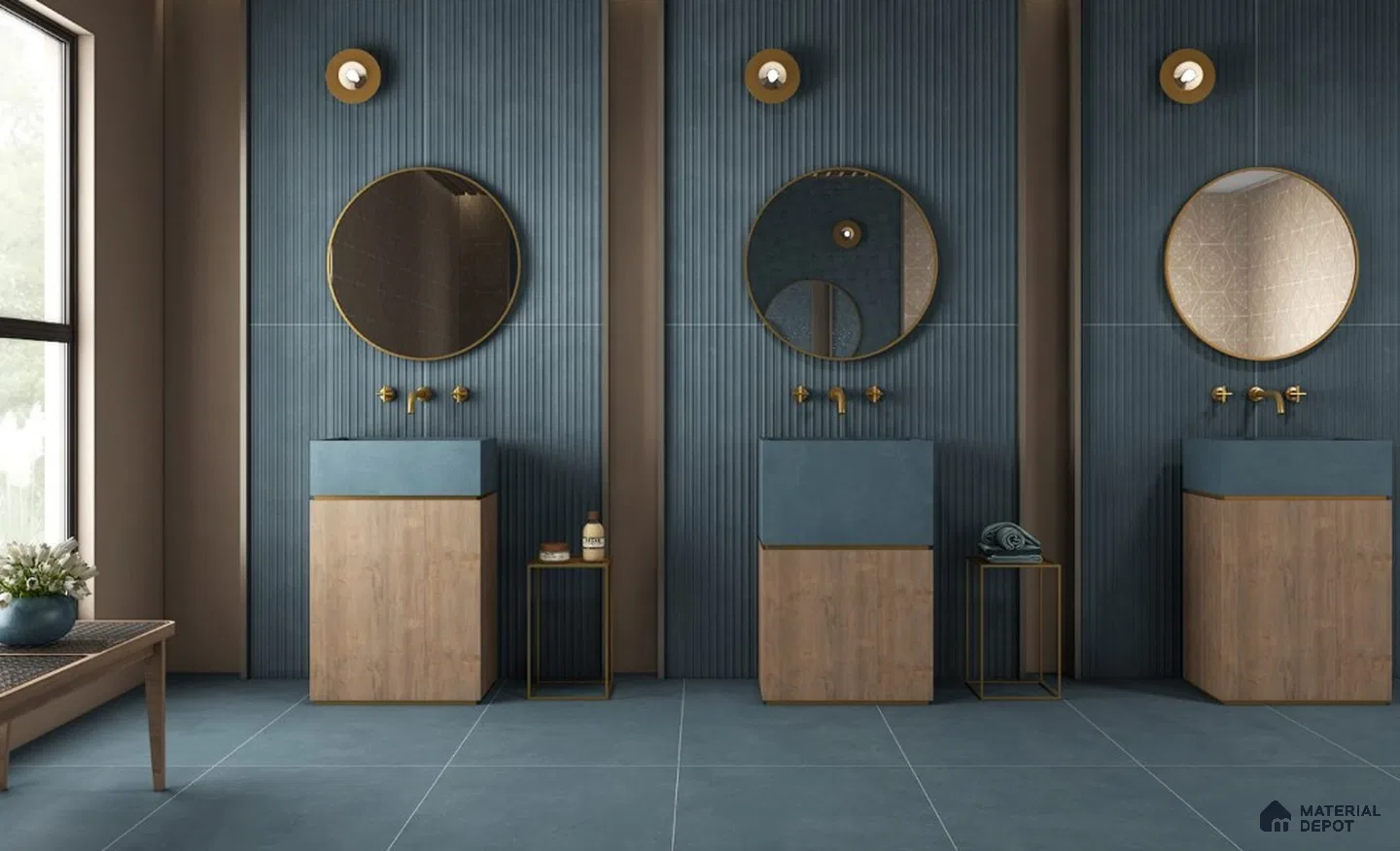 Modern Blue Fluted Wall Bathroom with Gold Accents and Wooden Vanity – Elegant & Contemporary | Material Depot