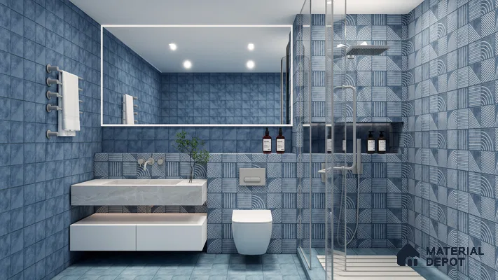 Modern Blue Geometric Bathroom with Vibrant Tiles | Material Depot