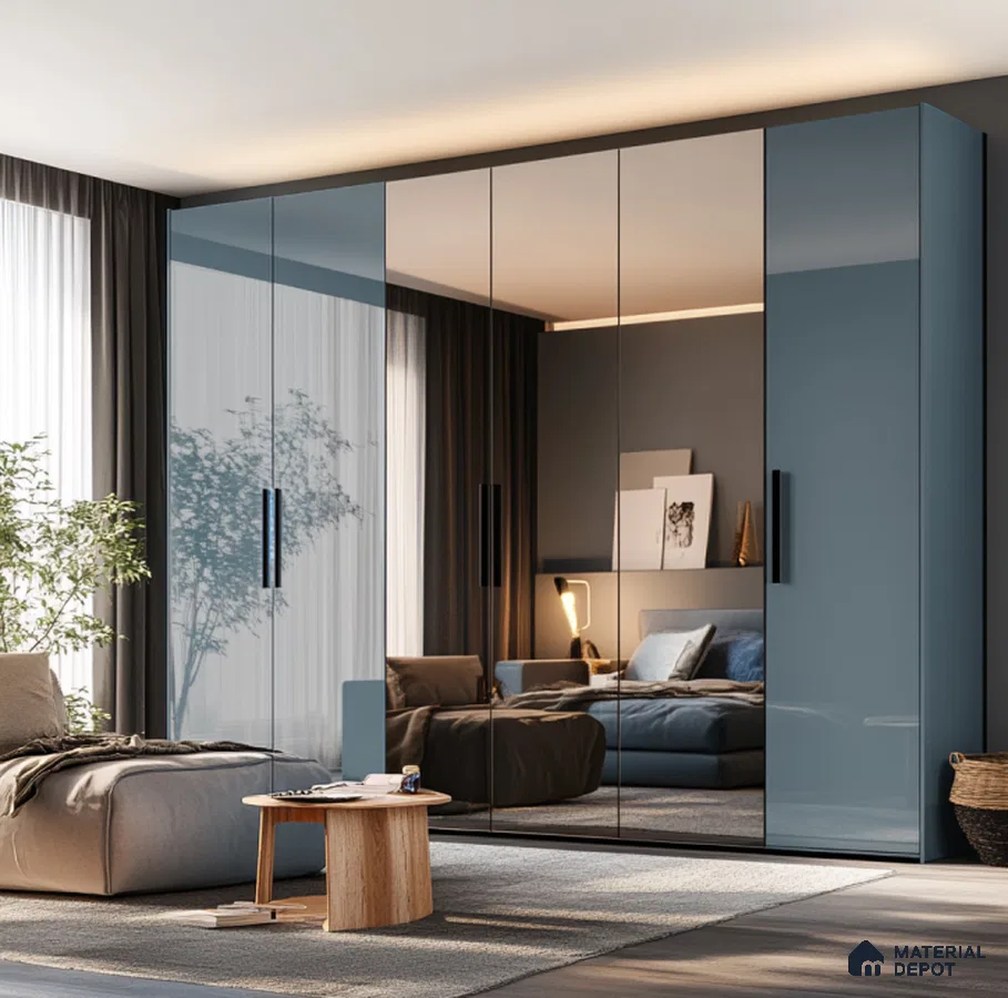 Modern Blue Gloss Laminate Wardrobe with Mirror Panels in Master Bedroom | Material Depot
