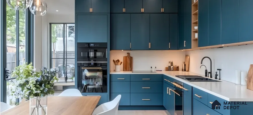 Modern Blue Kitchen with Gold Accents and Natural Light | Material Depot