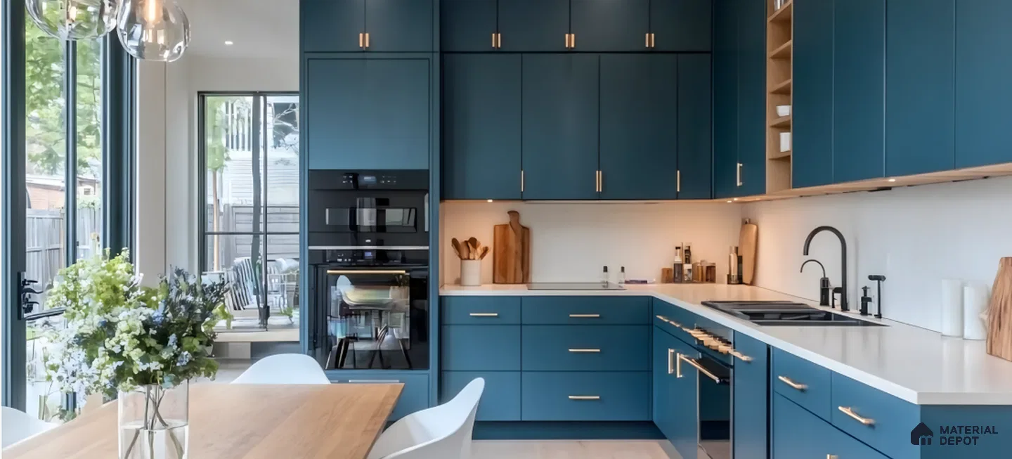 Modern Blue Kitchen with Gold Accents and Natural Light | Material Depot
