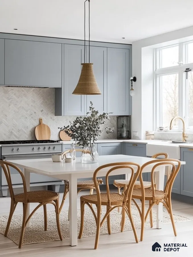 Modern Blue Kitchen with Rattan Chairs and Minimalist Decor for a Cozy Dining Experience | Material Depot