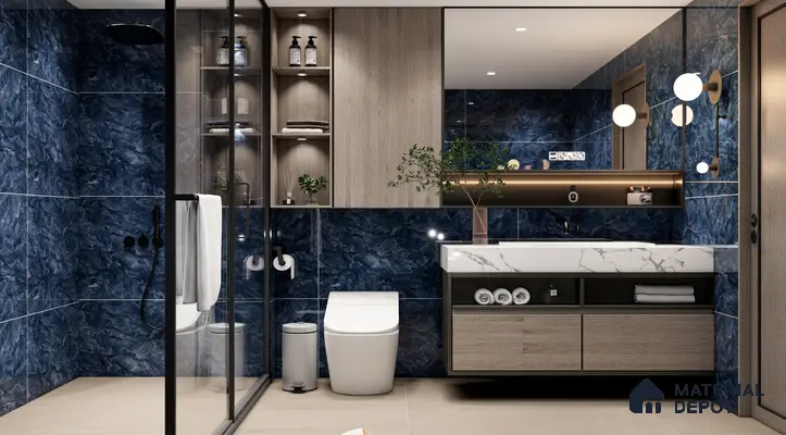 Modern Blue Marble Bathroom with Wooden Accents | Material Depot