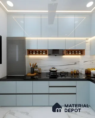 Modern Blue Modular Kitchen With Black Countertop And Marble Touches | Material Depot