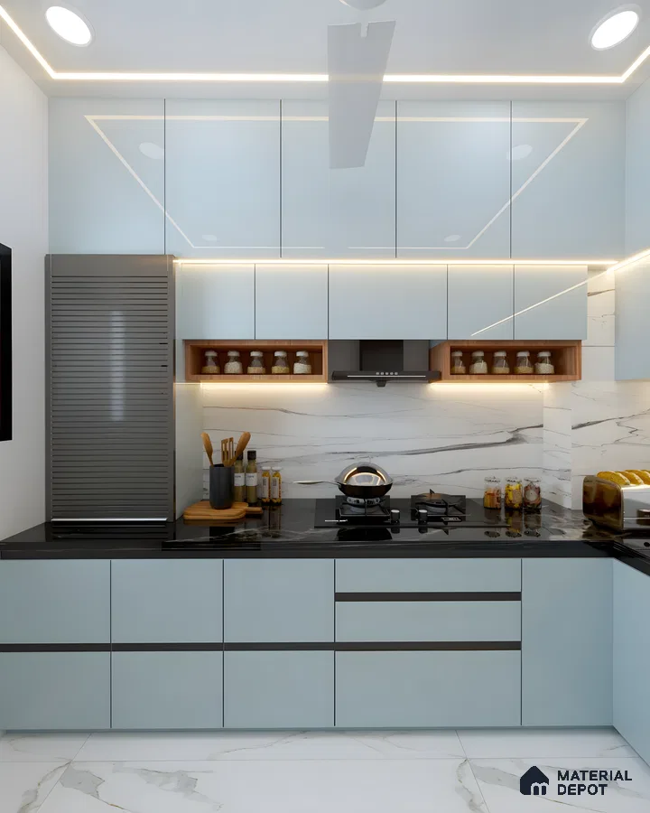 Modern Blue Modular Kitchen With Black Countertop And Marble Touches | Material Depot