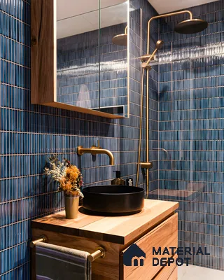 Modern Blue Ribbed Tile Bathroom with Natural Wood Vanity | Material Depot