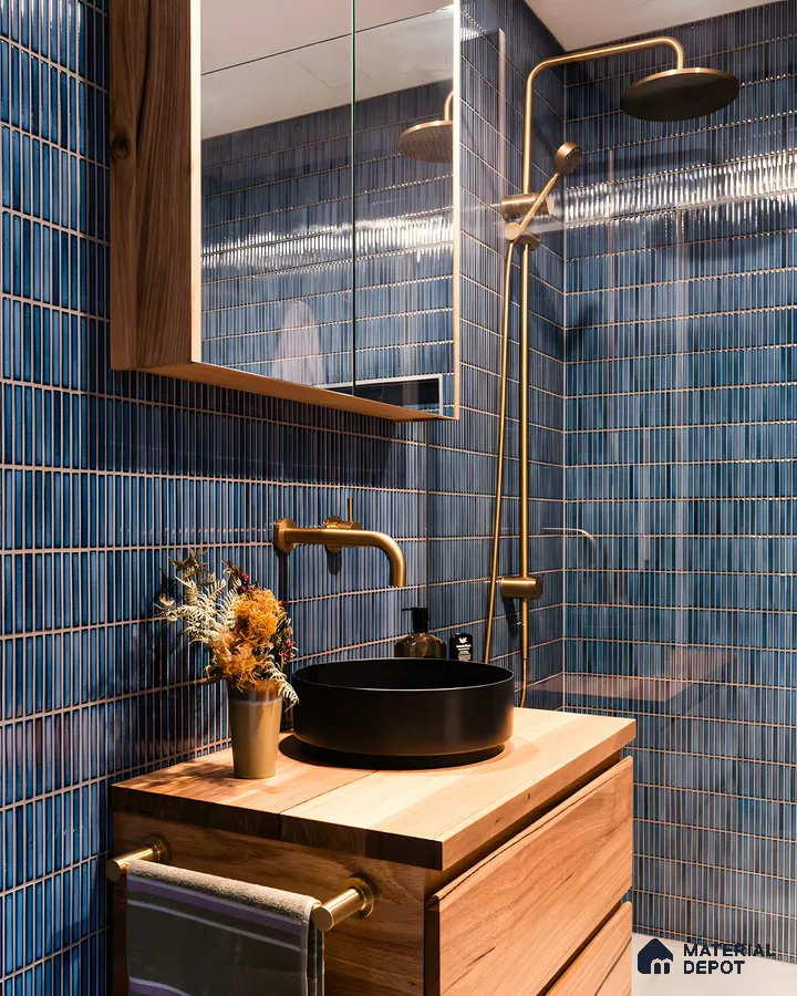 Modern Blue Ribbed Tile Bathroom with Natural Wood Vanity | Material Depot