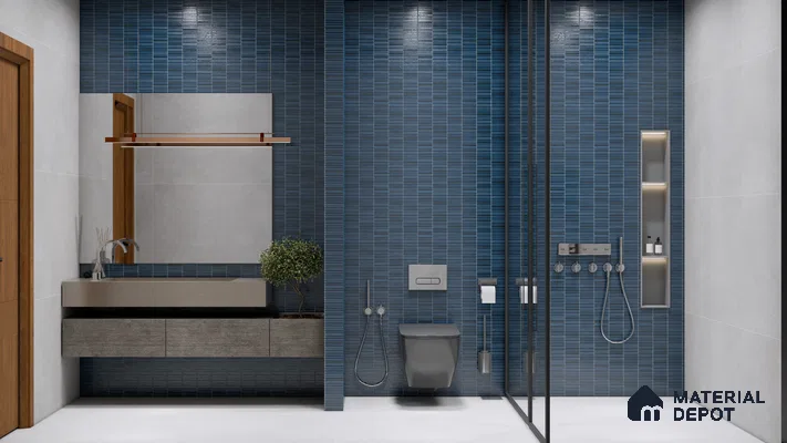 Modern Blue-Toned Bathroom with Vertical Subway Tiles | Material Depot