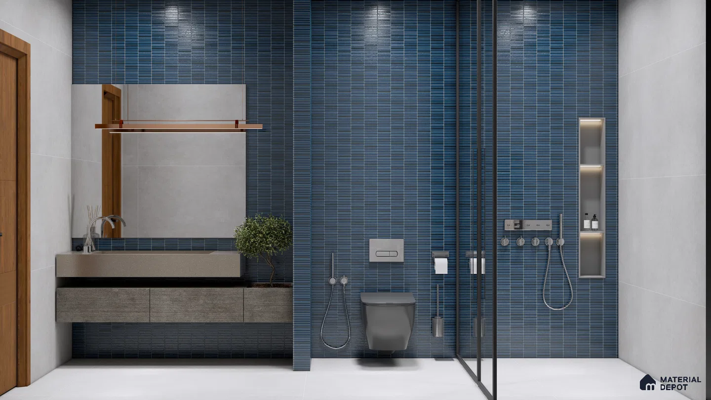 Modern Blue-Toned Bathroom with Vertical Subway Tiles | Material Depot