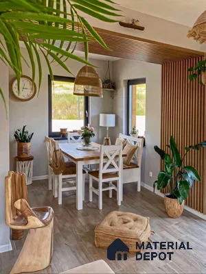 Modern Bohemian Dining Room with Wooden Wall Paneling and Pendant Lighting | Material Depot