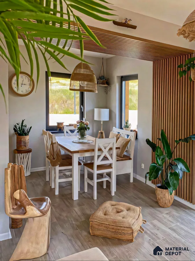 Modern Bohemian Dining Room with Wooden Wall Paneling and Pendant Lighting | Material Depot