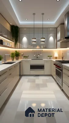 Modern Bohemian Kitchen With Cream Glossy Laminates, Quartz Counters & Biophilic Accents Under Ambient Lighting | Material Depot