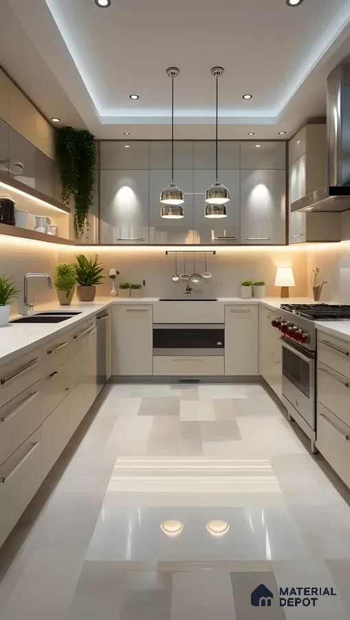 Modern Bohemian Kitchen With Cream Glossy Laminates, Quartz Counters & Biophilic Accents Under Ambient Lighting | Material Depot