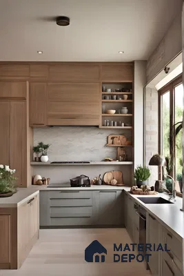 Modern Bohemian Kitchen With Neutral Wooden Cabinets, Kitchen Island, And Sleek Design | Material Depot