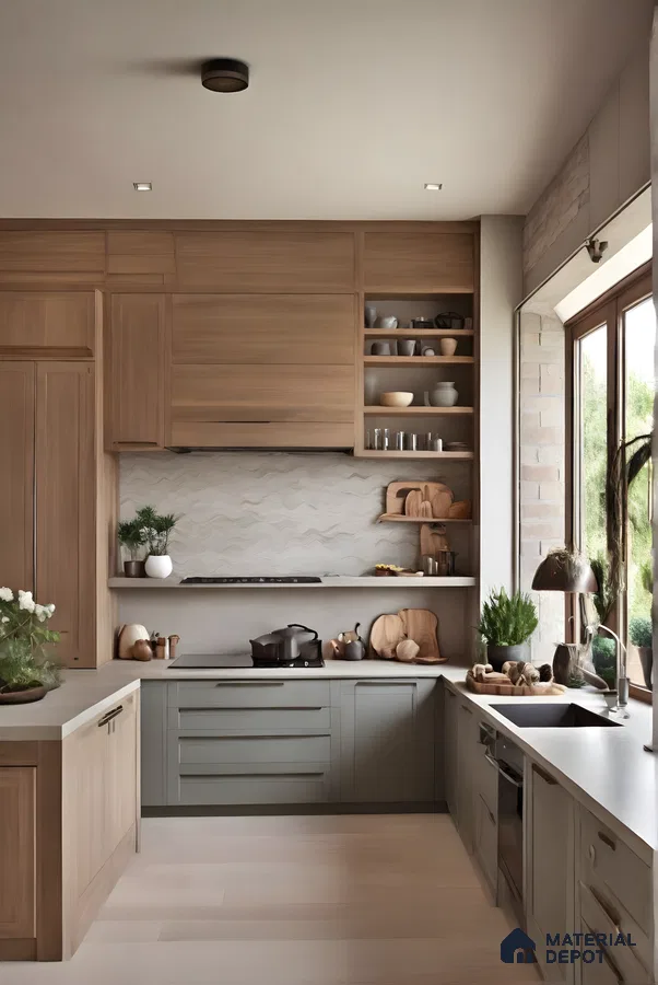 Modern Bohemian Kitchen With Neutral Wooden Cabinets, Kitchen Island, And Sleek Design | Material Depot