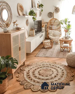 Modern Bohemian Living Room: Rattan Accents And Jute Rug | Material Depot