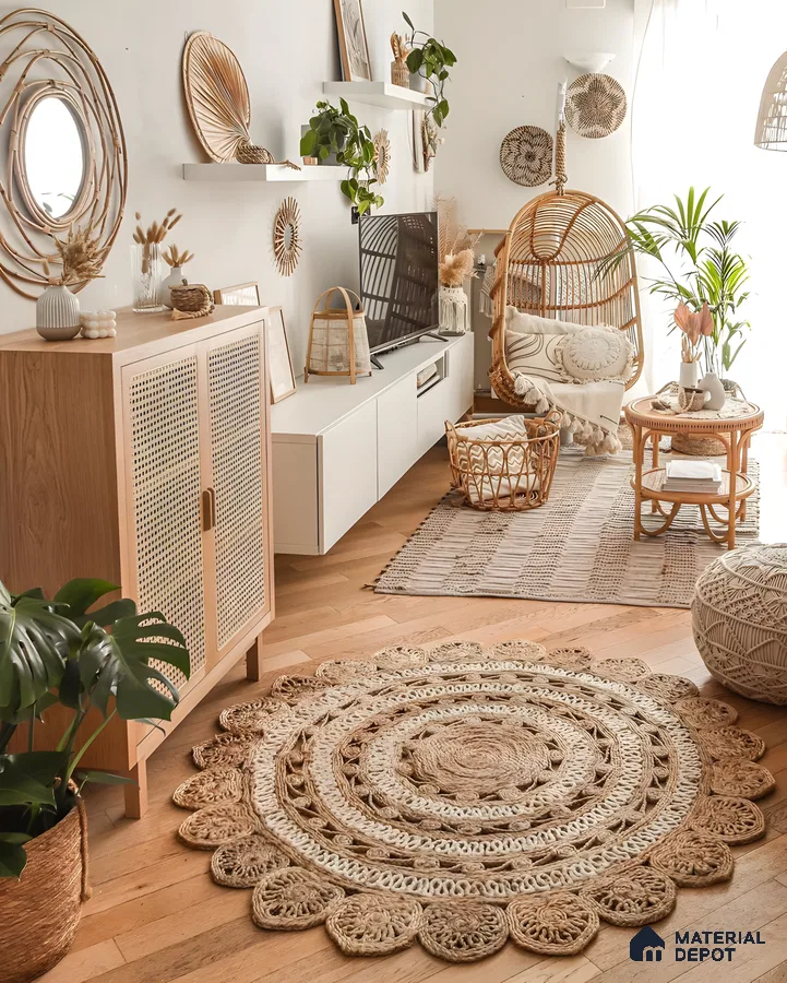 Modern Bohemian Living Room: Rattan Accents And Jute Rug | Material Depot