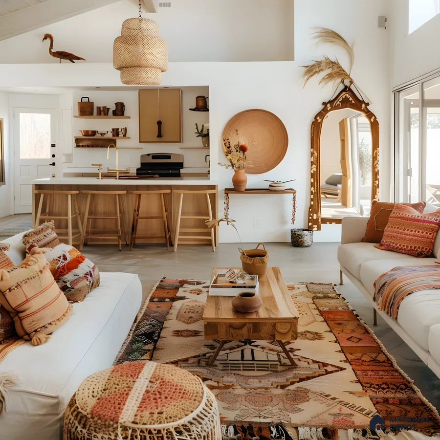 Modern Bohemian Unit With Fluted Wood Panels And Beige Cabinets | Material Depot