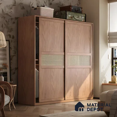 Modern Bohemian Wardrobe With Sliding Walnut Panels And Horizontal Rattan Cane Inlay | Material Depot