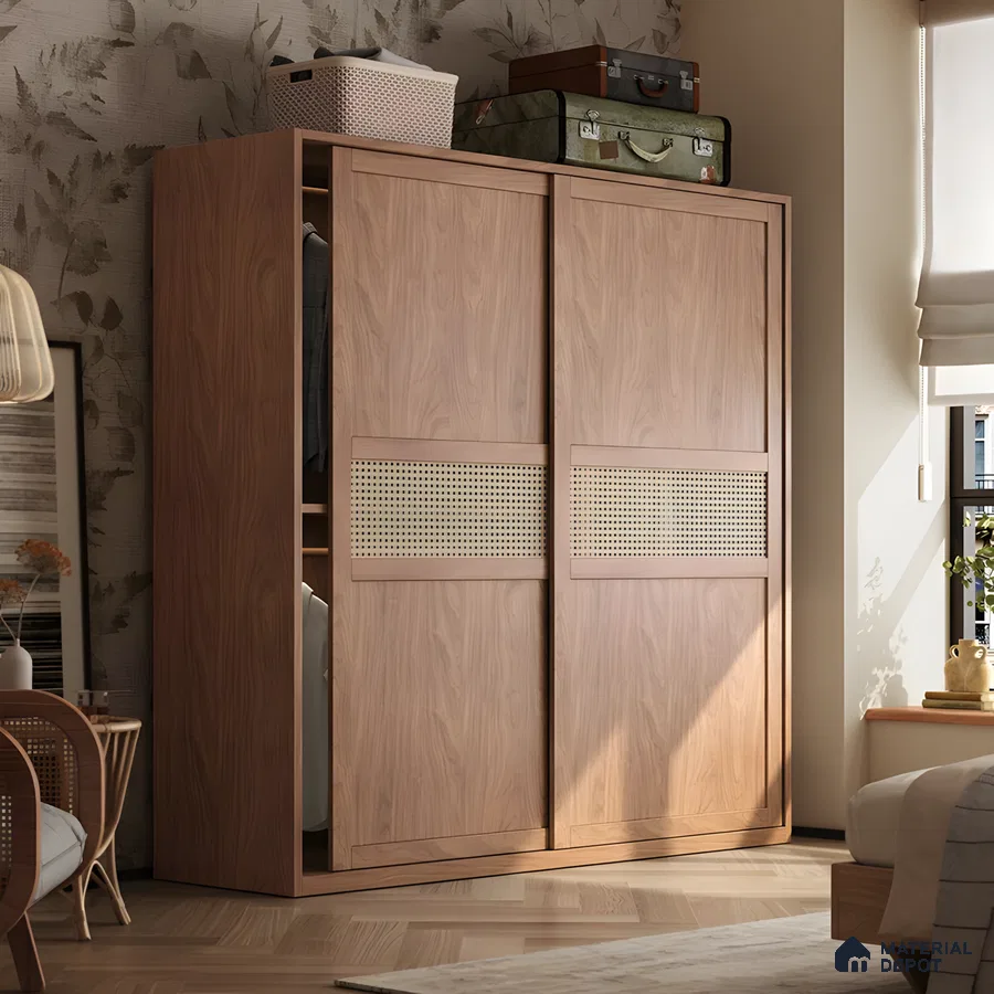 Modern Bohemian Wardrobe With Sliding Walnut Panels And Horizontal Rattan Cane Inlay | Material Depot