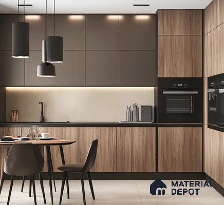 Modern Brown Kitchen with Wood and Matte Finish Cabinets | Material Depot
