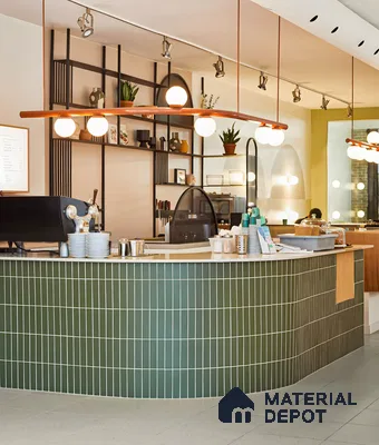 Modern Café Elegance: Stylish Curved Tile Bar | Material Depot