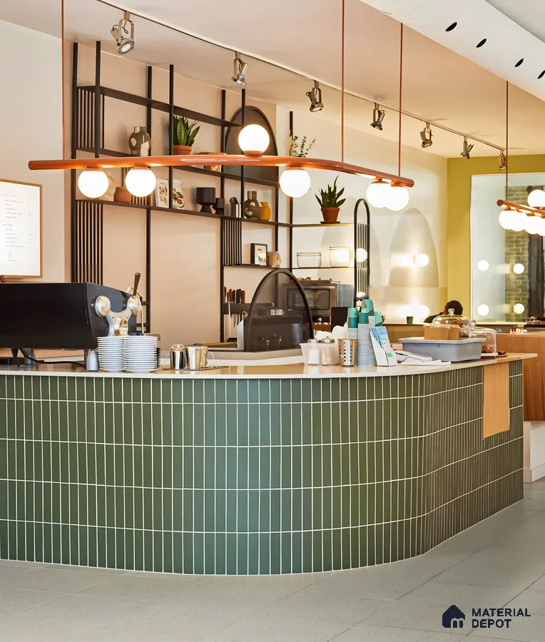 Modern Café Elegance: Stylish Curved Tile Bar | Material Depot