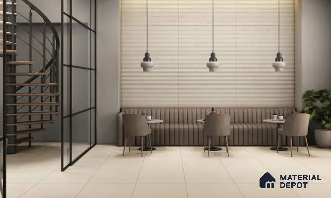 Modern Café with Beige Fluted Wall Tiles and Earthy Tones | Material Depot