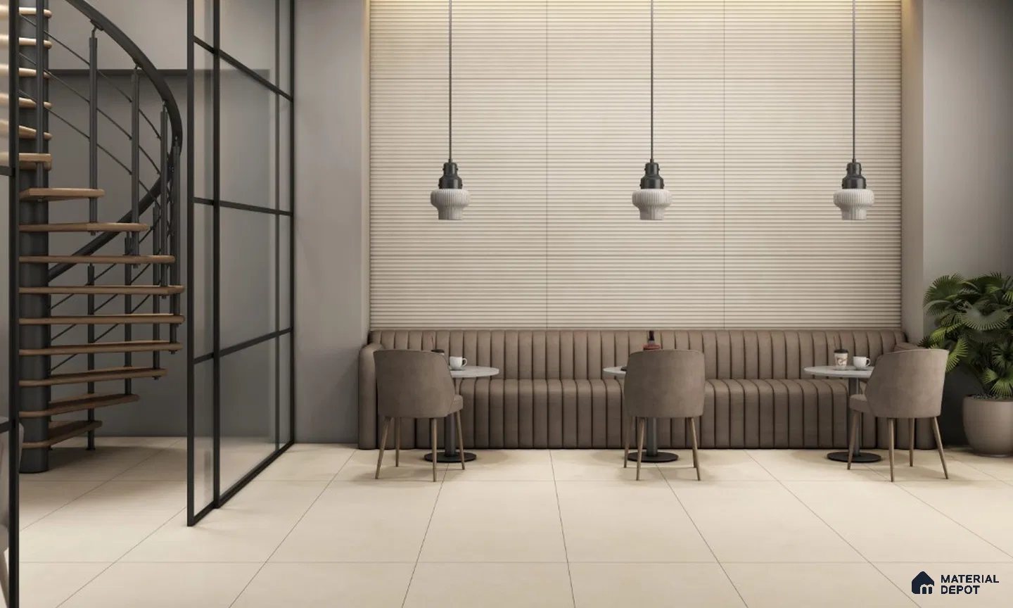 Modern Café with Beige Fluted Wall Tiles and Earthy Tones | Material Depot