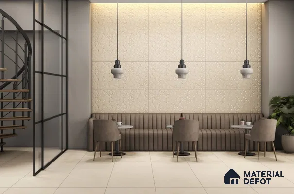 Modern Cafe with Beige 3D Accent Wall and Minimalist Interiors – Warm & Elegant Ambience | Material Depot