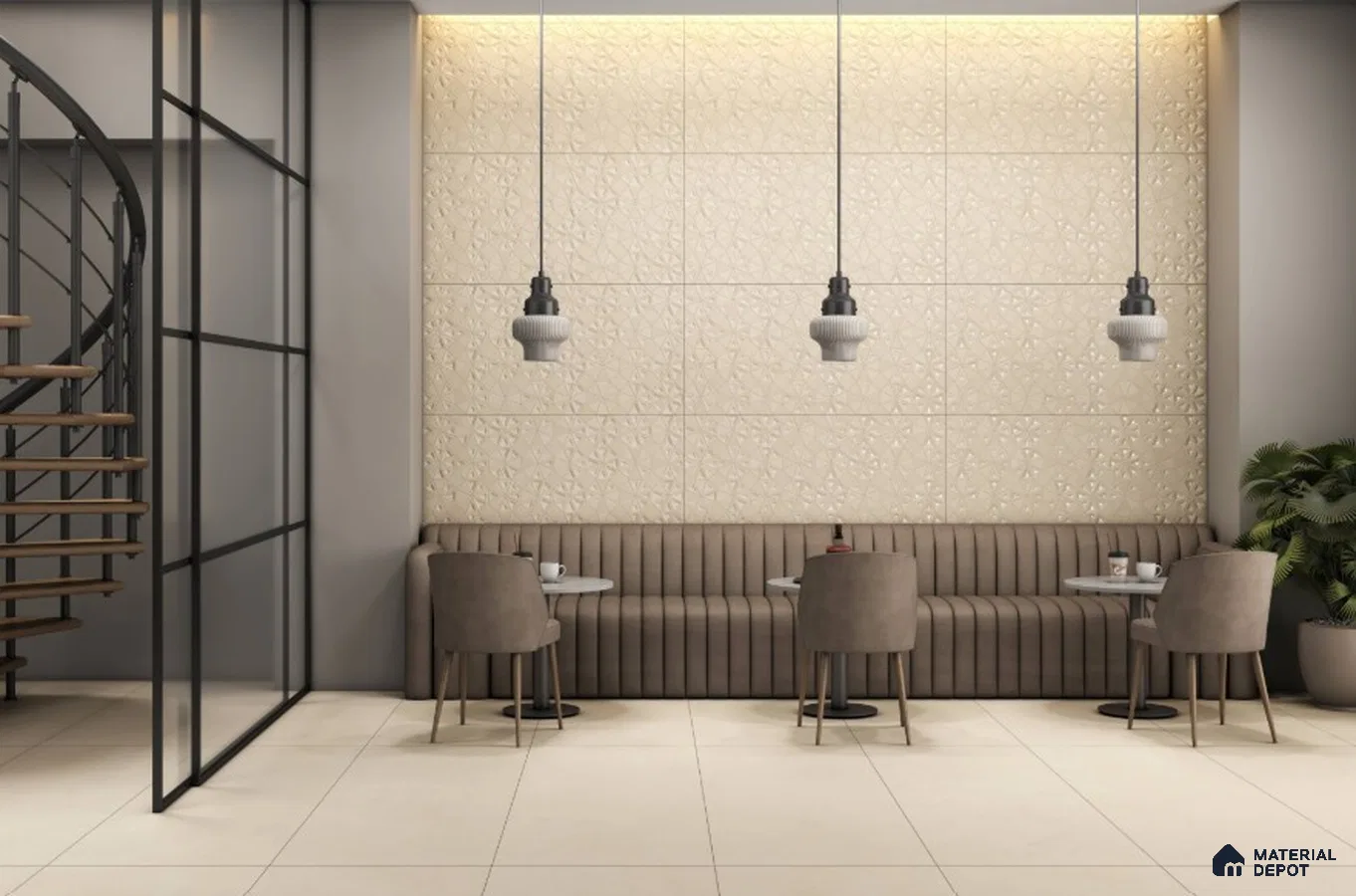 Modern Cafe with Beige 3D Accent Wall and Minimalist Interiors – Warm & Elegant Ambience | Material Depot