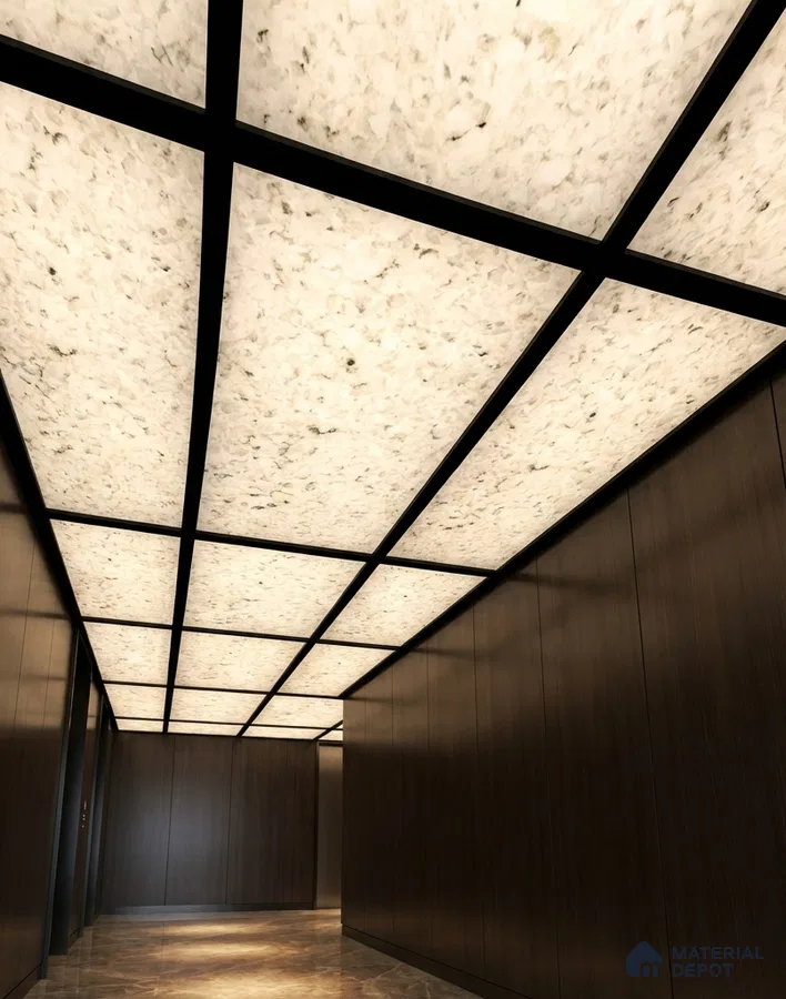Modern ceiling with alabaster backlit ceiling, dark wood wall panels, and marble floor tile