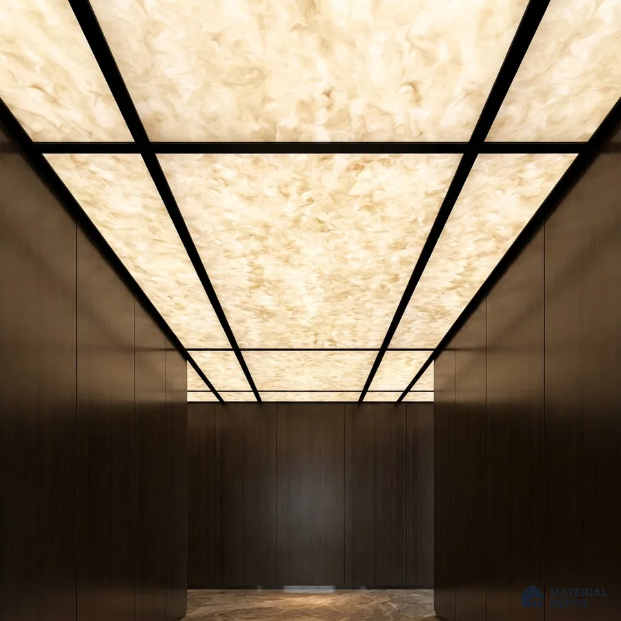 Modern ceiling with backlit alabaster ceiling and dark walnut wall panels