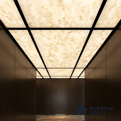 Modern ceiling with backlit alabaster ceiling and dark walnut wall panels