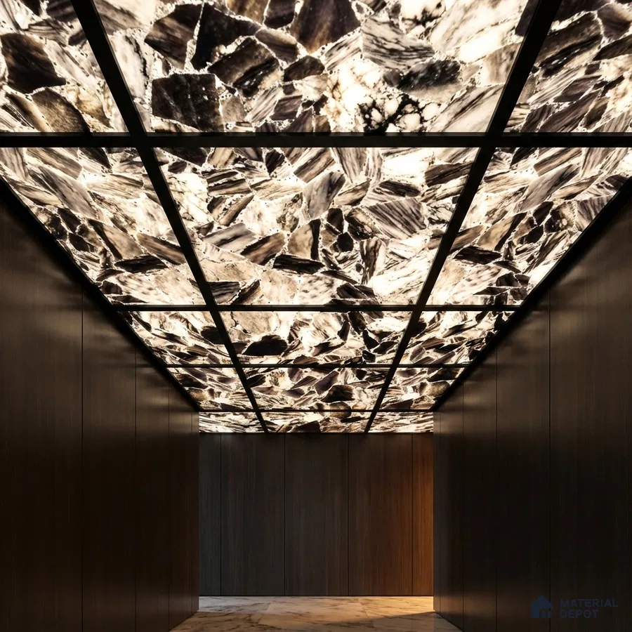 Modern ceiling with backlit alabaster ceiling and dark wood wall panels