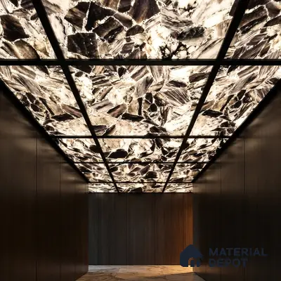 Modern ceiling with backlit alabaster ceiling and dark wood wall panels