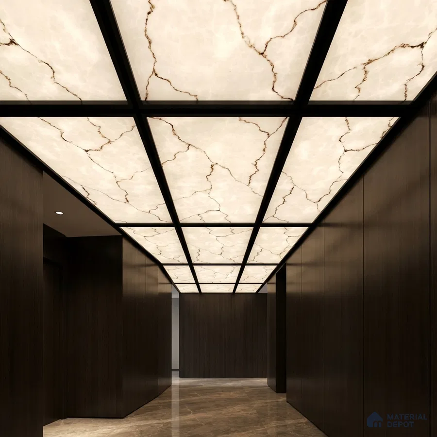 Modern ceiling with backlit alabaster ceiling, dark wood wall panels, and marble floor tiles