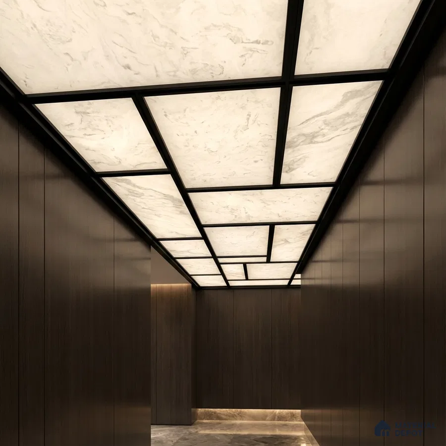 Modern ceiling with backlit alabaster ceiling panels and dark walnut wall laminates