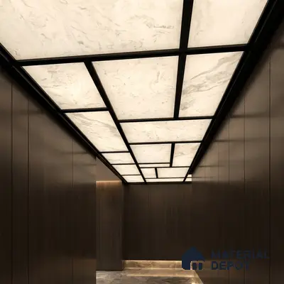 Modern ceiling with backlit alabaster ceiling panels and dark walnut wall laminates