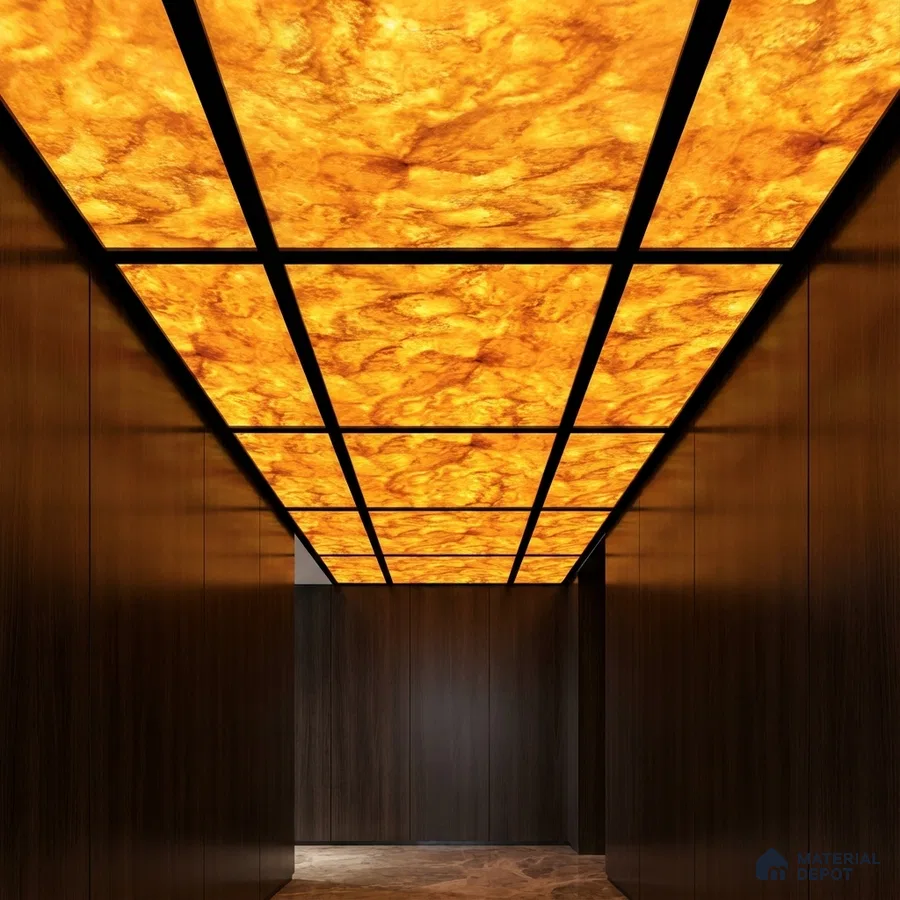 Modern ceiling with backlit alabaster ceiling panels and dark walnut wall laminates