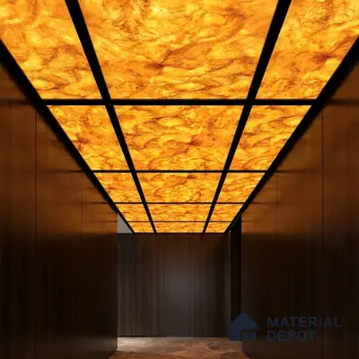 Modern ceiling with backlit alabaster ceiling panels and dark walnut wall laminates