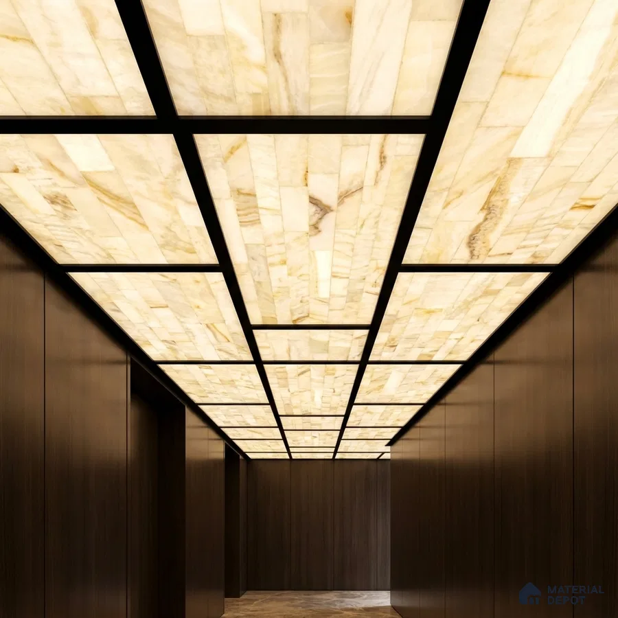 Modern ceiling with backlit alabaster ceiling panels and dark walnut wall laminates