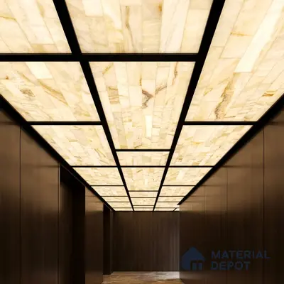 Modern ceiling with backlit alabaster ceiling panels and dark walnut wall laminates