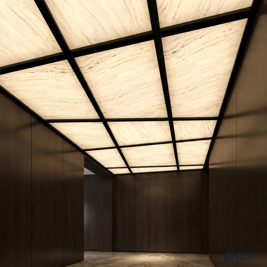 Modern ceiling with backlit alabaster ceiling panels and dark walnut wall laminates
