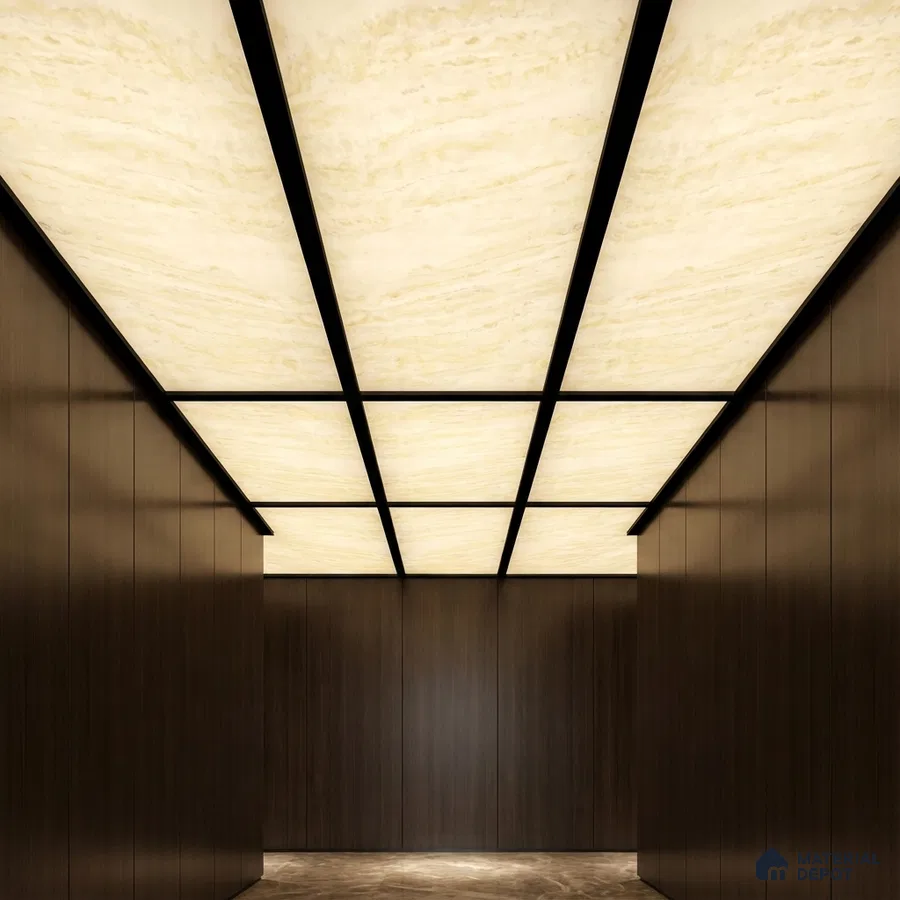Modern ceiling with backlit alabaster ceiling panels and dark walnut wall panels