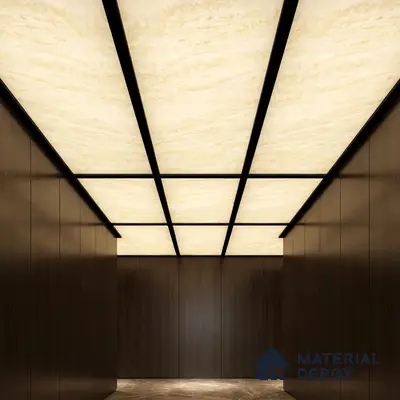 Modern ceiling with backlit alabaster ceiling panels and dark walnut wall panels