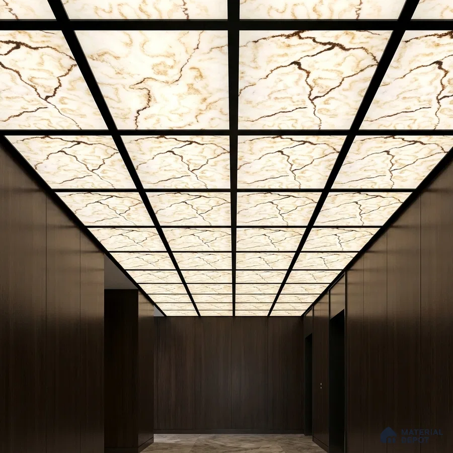 Modern ceiling with backlit alabaster ceiling panels and dark walnut wall panels