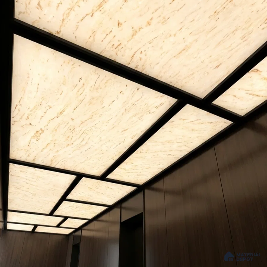 Modern ceiling with backlit alabaster ceiling panels and dark walnut wood wall laminate